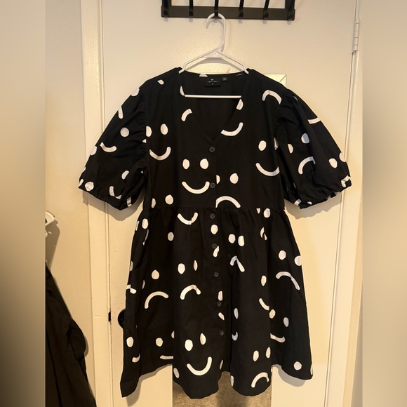 Lazy Oaf Black Happy Sad Puff Sleeve Mini Dress with White Smiley Faces Plus 18 - Picture 6 of 7